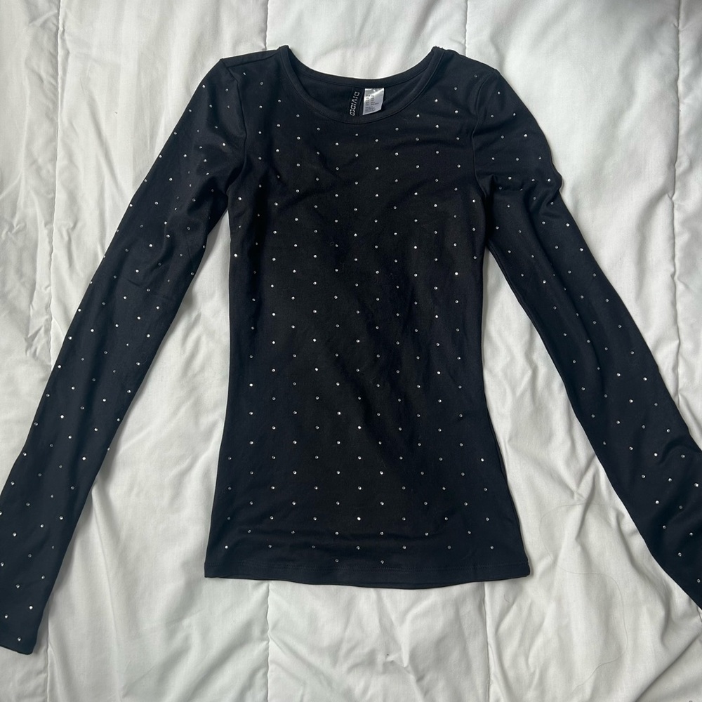 Black Long Sleeve Rhinestone Going out Top